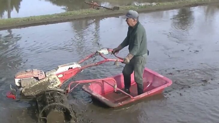 田舎の棚田　レンコン船　耕運機　代掻き　2022　米作りスタート　水田を歩かない方法