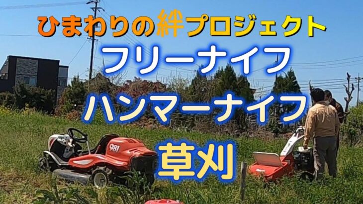 乗用草刈り機フリーナイフモアRM981とハンマーナイフHRC664【ひまわりの絆プロジェクト】2023年春　ひまわり畑の草刈・ボランティア活動　愛知県稲沢市